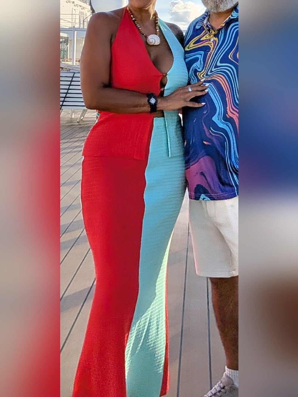 7 Wonders Colorblock Maxi Skirt And Halter Top in Red and Teal-Compliments 🔥